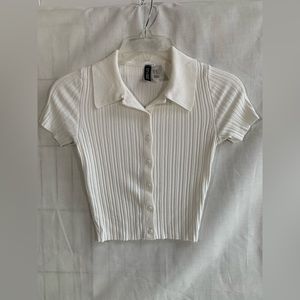 Divided By H&M White Ribbed Collared Crop Top